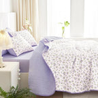 Wake In Cloud - Floral Quilt Set, Coquette Cottagecore Shabby Chic Flower Pattern for Women Teen Girls, Reversible Lightweight Bedspread Coverlet, 3 Pieces, White Purple, Twin/Twin XL Size
