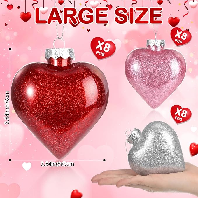 Civaner 24 Pcs Large Valentine's Day Heart Shaped Ornaments Outdoor, Glitter Heart Shaped Baubles with Pre-Strung Wire, Romantic Home Hanging Decorations for Valentine Tree (Red Pink Silver)