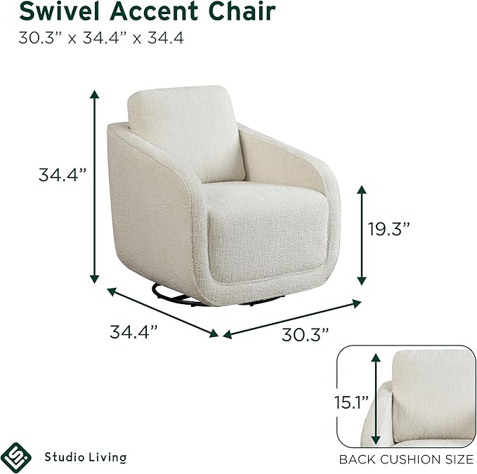 Studio Living® Lydia 35.3" Swivel Accent Chair, Modern Boho, Fully Assembled, Pocket Coil Comfort, Round Swivel Base Leg, Soft Chenille Fabric, Cream