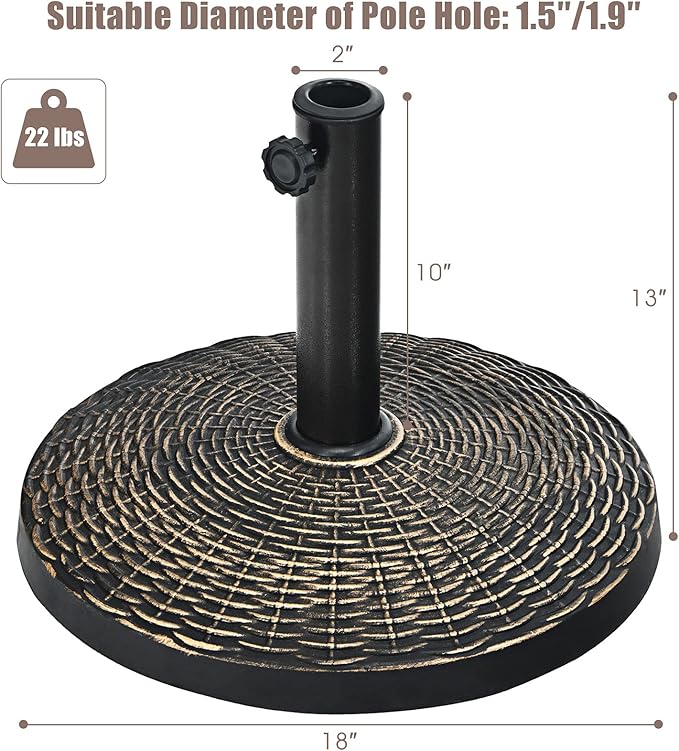 Giantex 22 lbs Patio Umbrella Base, 18 Inch Round Outdoor Umbrella Stand for 1.5'' or 1.9'' Diameter Pole, Heavy Duty Market Umbrella Holder for Garden Beach Yard Poolside Lawn, Bronze