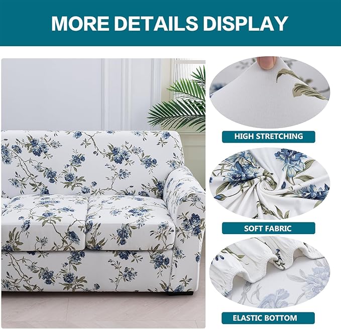 KRFOONN 3 Piece Printed Couch Cover for 2 Cushion Couch Stretch Sofa Loveseat Slipcover with 2 Separate Seat Cushion Covers Furniture Protector with Elastic Bottom for Living Room (Loveseat, 51)