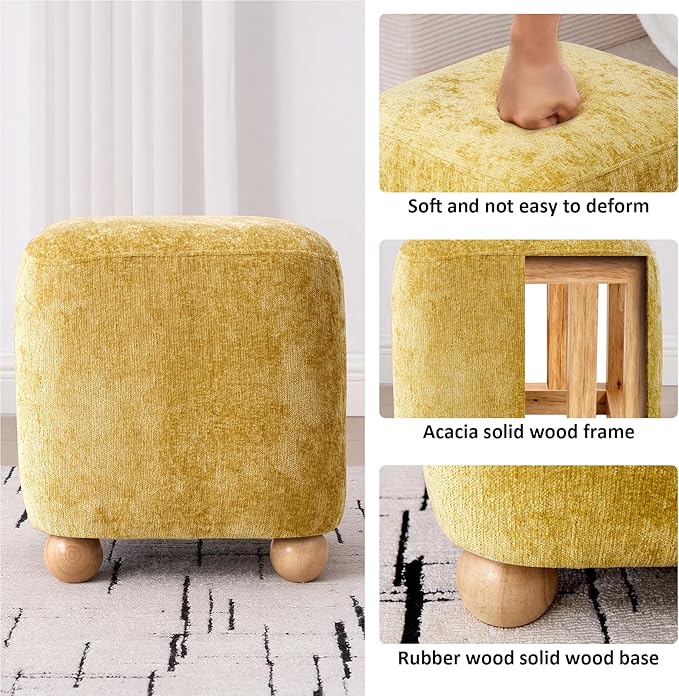 Cube Pouf Ottoman with Wooden Leg,Chenille Fabric Vanity Stool-Upholstered Floor Chair,Square Footstool Pouf with Acacia Wood Frame(500Lbs),Small Coffee Table Ottoman for Living Room