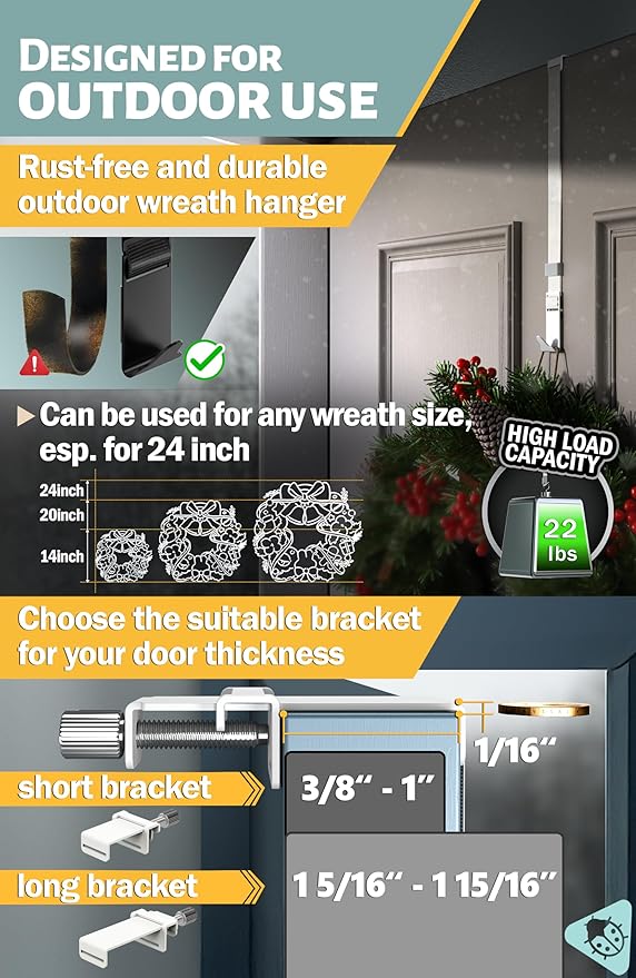 Menz Wreath Door Hanger - Adjustable Wreath Hanger for Front Door as Non-Scratch Decoration Holder for Christmas, Easter and Halloween, Decoration Hook for Christmas swags Outdoor, White