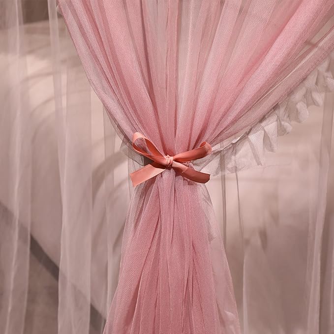 VETHIN 4 Corners Post Ruffle Princess Bed Canopy Curtain-Double Layer Cozy Drape Netting 4 Opening Mosquito Net for Girls Adults Bedroom Decoration (Pink/Whtie,78" W*86" L*82"*H/King)