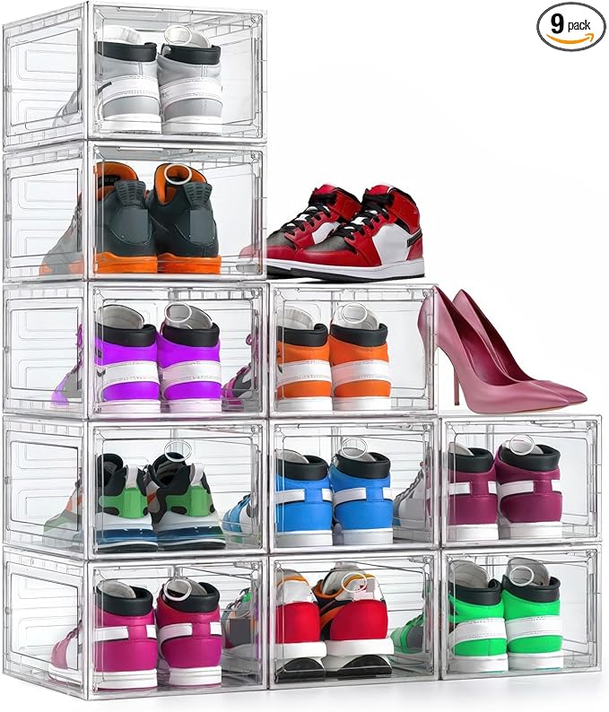 XX Large Clear Shoe Storage Box Organizer for Closet, 9 Pack Thicken Hard Plastic Stackable Shoe Sneaker Rack Display Case Container Bins Organizer, Easy Assembly, Clear