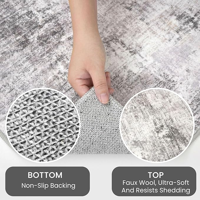 IOHOUZE Abstract Runner Rug 3x18 Ft Washable Runners for Hallways, Non Slip Kitchen Runner Printed Faux Wool Entryway Runner Indoor, Modern Abstract Floor Carpet for Hall Stair, Grey Beige