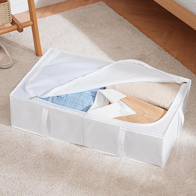 TYEERS Under Bed Storage Containers, Durable Fabric, Washable, Collapsible, Under Bed Storage Bins for Clothes, Blankets, Sheets, Shoes, 27.5x16.5x7 Inches, 6-Pack, White