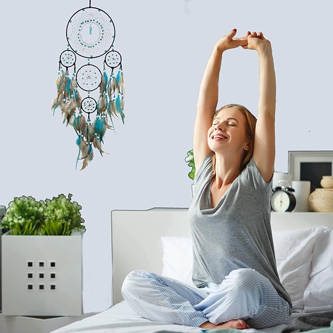 Bohemian 5 Rings Turquoise Dream Catchers with Turquoise Pendant Handmade Native American Style Wall Hanging Decor for Bedroom, Living Room, Boho Home Decor & Gift(Black 5 Rings)