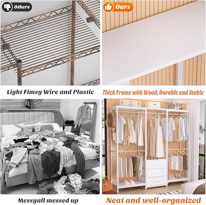 Aheaplus Garment Rack Heavy Duty Clothes Rack for Hanging Clothes,Clothing Rack with Drawers, Wood Stoarge Shelf Freestanding Closet Wardrobe Rack, Corner L Shaped Closet System Organizers, W3,White