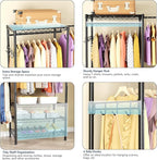 Clothes Rack, Heavy Duty Clothes Rack, Large Wire Closet Garment Rack, Freestanding Expandable Metal Clothing Rack with 4 Hanging Rods, 6 Shelves, and 4 Hangers for Hanging Clothes, Black