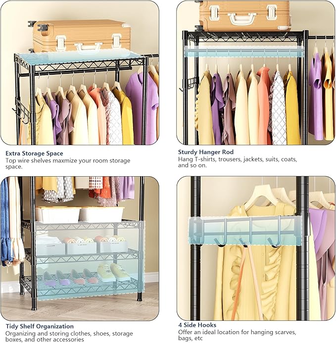 Clothes Rack, Heavy Duty Clothes Rack, Large Wire Closet Garment Rack, Freestanding Expandable Metal Clothing Rack with 4 Hanging Rods, 6 Shelves, and 4 Hangers for Hanging Clothes, Black