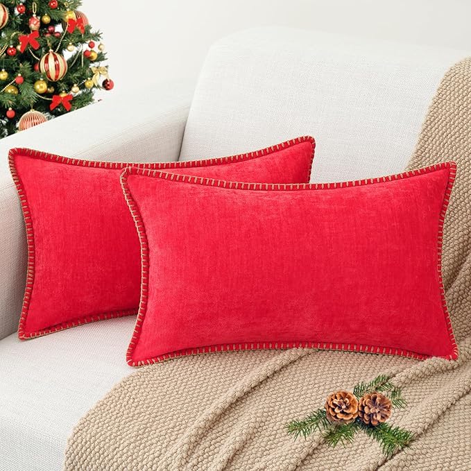 decorUhome Spring Chenille Soft Cozy Throw Pillow Covers 12x20 Set of 2, Modern Farmhouse Boho Velvet Decorative Pillow Cases with Stitched Edge for Couch Sofa Bed Home Decor, Christmas Red