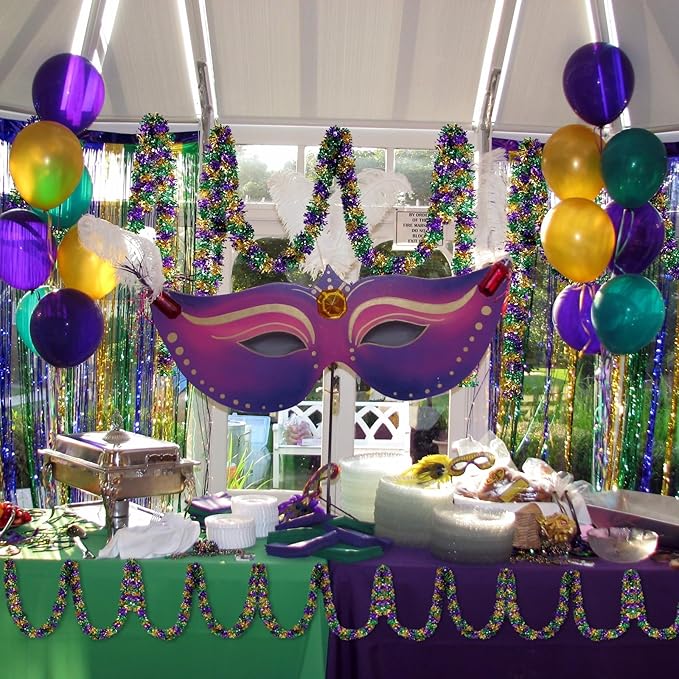 Mardi Gras Garland Decorations,50Ft Glitter Tinsel Garland Decor for Tree Mantle Bedroom Office Classroom Party Indoor Outdoor Holiday Home Green Gold Purple