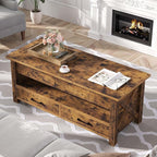Seventable Coffee Table, 47.2" Lift Top Coffee Table with 2 Storage Drawers and Hidden Compartment, Farmhouse Center Table with Wooden Lift Tabletop, for Living Room,Rustic Brown
