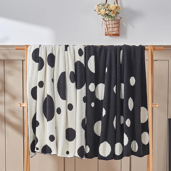 CozeCube Super Soft Fullfy Microfiber Reversible Knitted Blankets, Warm Cozy Fuzzy Plush Throw, Black and White Polka Dot Throw Blanket for Couch Bed Sofa, 60" x 80"