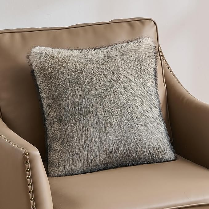 FUTEI Apricot Decorative Throw Pillow Covers 18x18 Inch Set of 2,Soft Faux Raccoon Fur Textured Cushion Case,Modern Home Luxurious Decor for Couch Bed Living Room