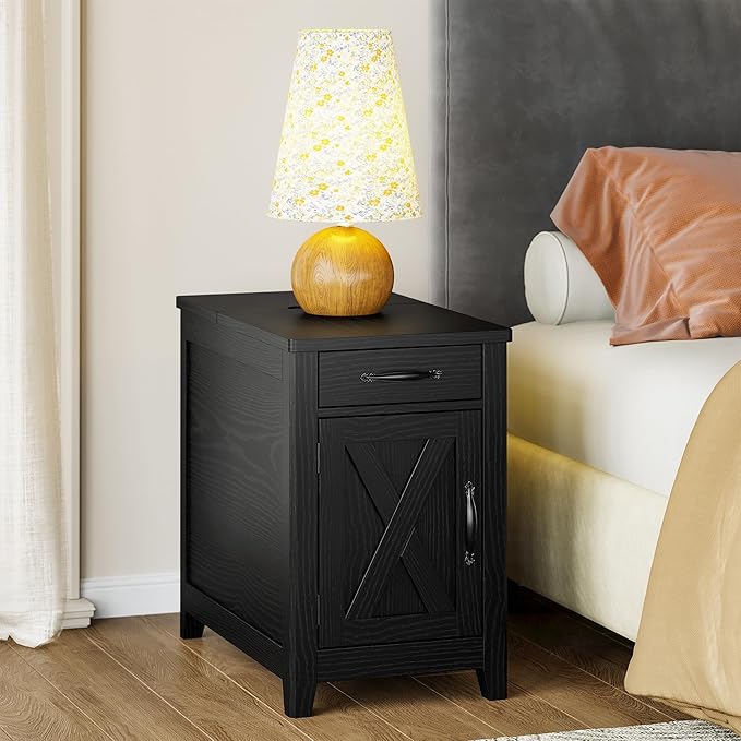 IRONCK End Table with Charging Station, Narrow Side Table for Living Room, Farmhouse Night Stand for Bedroom, Bedside Table with Storage and Drawer for Home, Black