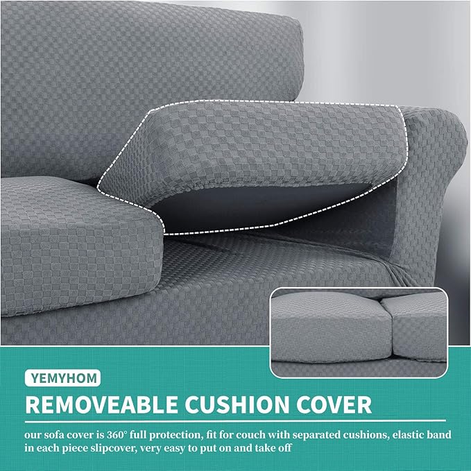 YEMYHOM Latest Checkered 3 Pieces Couch Covers for 2 Cushion Couch High Stretch Thickened Love Seat Sofa Cover for Dogs Pets Elastic Loveseat Slipcover Protector (Light Gray), 55"-69"(2 Cushions)