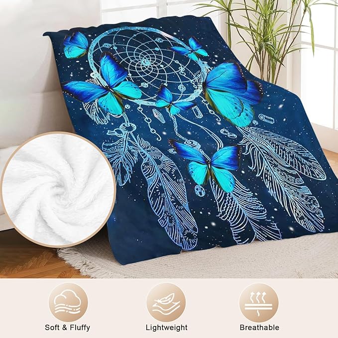 Blue Butterfly Blanket for Womens Girls Dream Catcher Throw Blanket Gifts for Kids Boys Soft Warm Cozy Flannel Blanket for Couch Sofa Bed 60"x80"