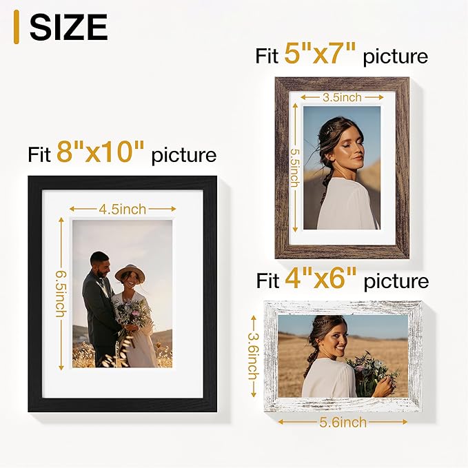 Vittanly 10 Pack Picture Frames Collage Wall Decor, Gallery Wall Frame Set for Wall or Tabletop Display, Multi Sizes with Two 8x10, Four 5x7, and Four 4x6 Photo Frames, Black&Brown&Distressed White