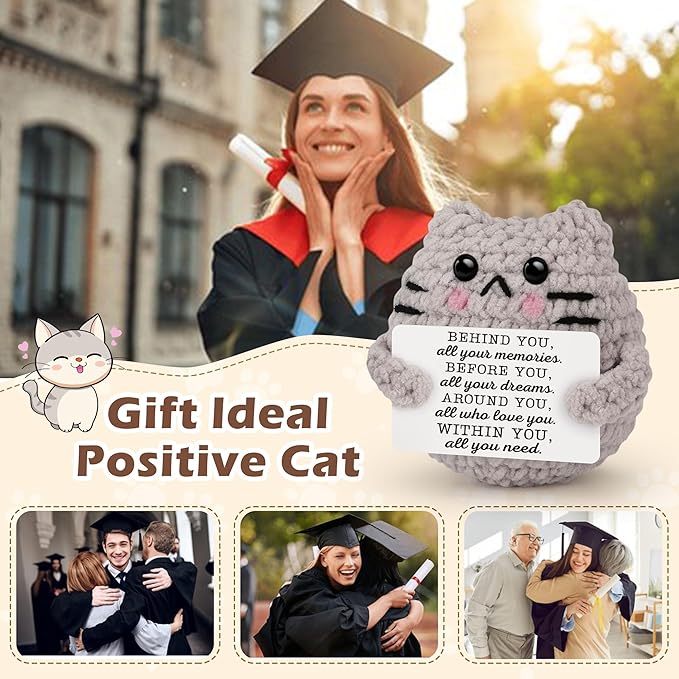 Graduation Gifts Positive Quote Behind You All Your Memories,Crochet Animal Cat for Daughter Son Friends Sister Students Graduation from School,Emotional Crochet Support Cat