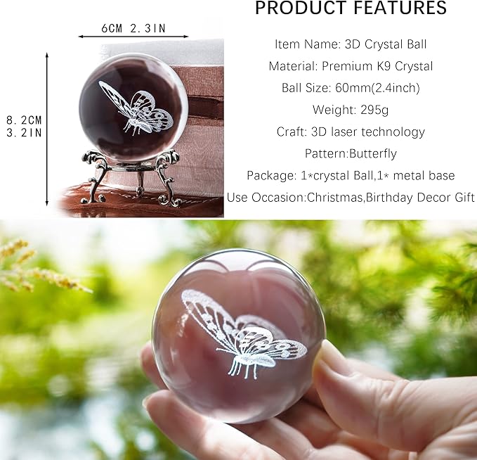 HDCRYSTALGIFTS 3D Laser Butterfly Crystal Ball Paperweight Glass Sphere Figurines Decorative Balls Gift (60mm)