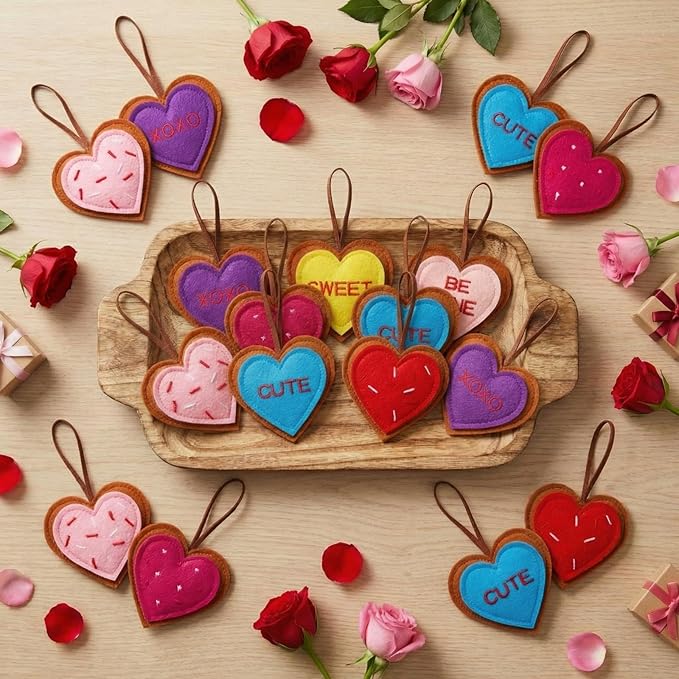 Tatuo 24 Pcs Valentines Felt Heart Ornaments for Tree Decorations Felt Conversation Heart Ornaments Colorful Hanging Valentines Day Tree Decor for Home Decor Party Decoration DIY Crafts