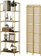 Crofy No Assembly Folding Bookshelf for Living Room, 5 Tier Gold Collapsible Book Shelf for Home Office, Portable Bookcase Storage Organizer