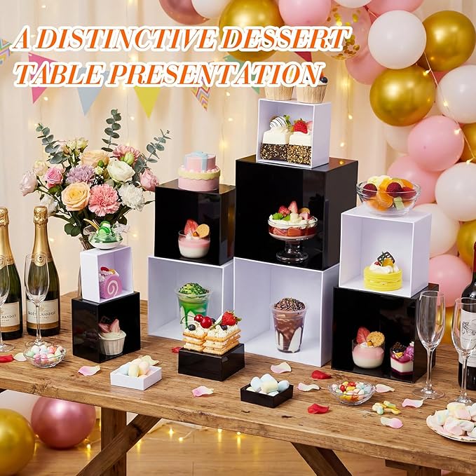 Leinuosen 6 Pcs Buffet Risers, 3 to 8 Inch Catering Dessert Table Risers Square Food Decorative Stands with Hollow Bottom for Catering Supplies, Party (Black)