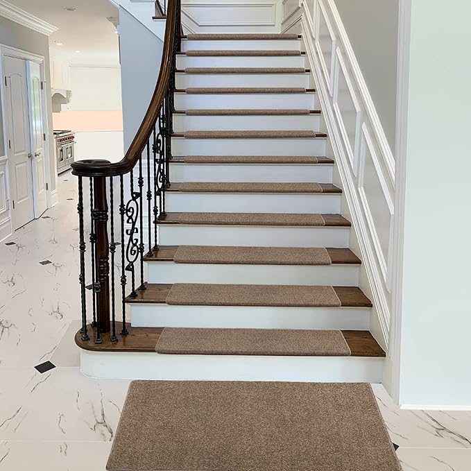 PURE ERA Bullnose Carpet Stair Treads Set Tape Free Non-Slip Indoor Stair Protectors Pet Friendly Rugs Covers Soft Skid Resistant Washable Reusable 9.5" x 30"(7 Pieces, Camel Brown)