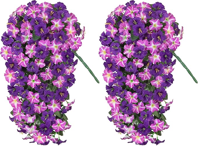 HyeFlora Artificial Flowers for Outdoors, 2pcs Faux Hanging Morning Glory Silk Fake Flowers Lifelike Artificial Plants UV Resistant Flowers for Outside Planter Patio Garden Porch Decor (Purple Red)