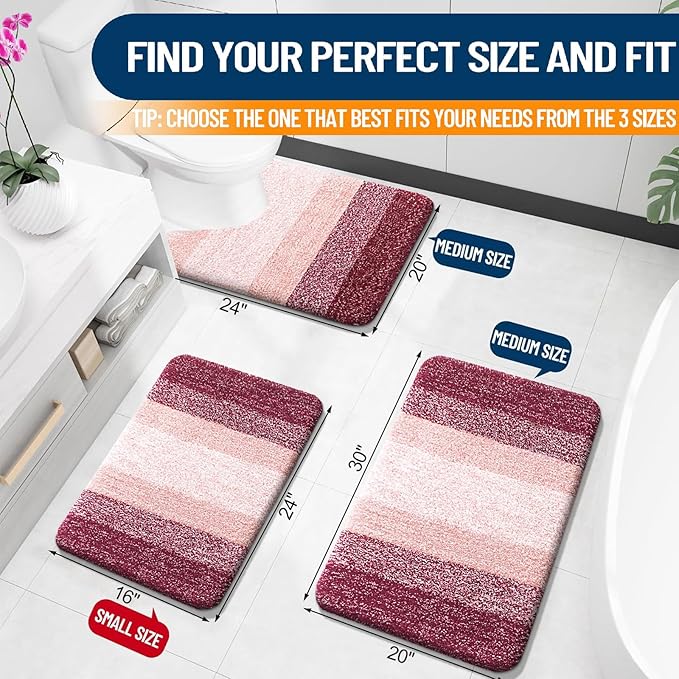 OLANLY Bathroom Rug Set 2 Piece, Soft Absorbent Microfiber Bath Mats and U-Shaped Contour Toilet Rug, Non-Slip, Machine Wash Dry, Plush Shaggy Bath Mats for Bathroom (30"x20"+24"x20", Red)
