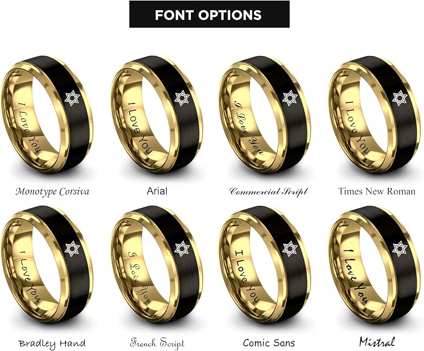 Mezuzah star Of David Ring - Gift for Jewish Family - Flat Dome Bevel - 8mm - Men Women - Yellow Gold Black Silver Blue - Anniversary Wedding - Personalized Custom Engraving - Band - Brushed Polished