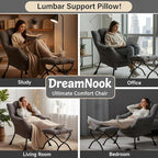 Lazy Chair with Ottoman, Modern Accent Chair with Lumbar Pillow, Dark Grey Sofa, Lounge Chairs with Folding Footrest, Oversized Supportive Chairs for Bedroom, Reading