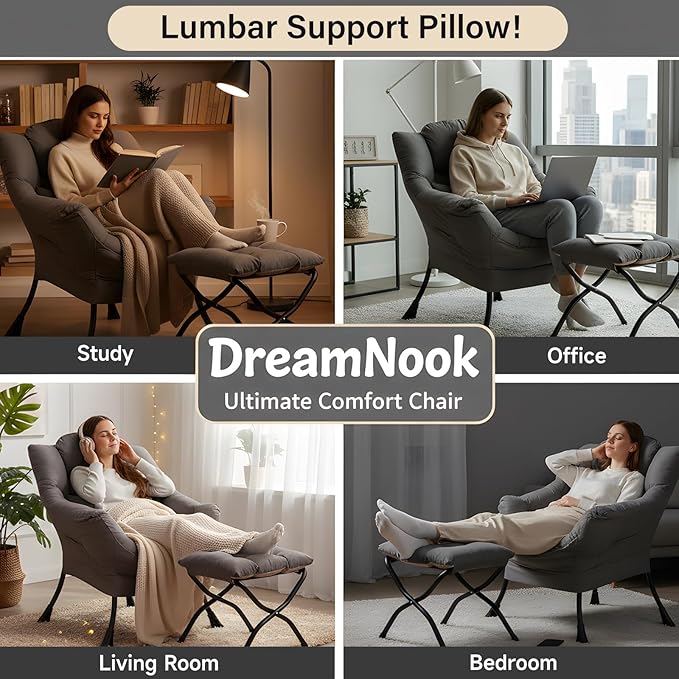 Lazy Chair with Ottoman, Modern Accent Chair with Lumbar Pillow, Dark Grey Sofa, Lounge Chairs with Folding Footrest, Oversized Supportive Chairs for Bedroom, Reading