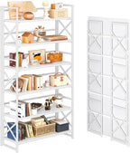 4NM Extra Wide 6 Tiers No Assembly Book Shelves, 61.8" H Folding Bookshelf Bookcase Open Industrial Foldable Shelves for Bedroom, Living Room, Home Office - All White