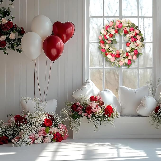 22 Inch Valentine‘s Day Wreath - Tulip Wreath for Front Door, Artificial Tulip Flower Wreaths with Green Leaves, Spring Summer Holiday Front Door Decor, Welcome Wall Hanging