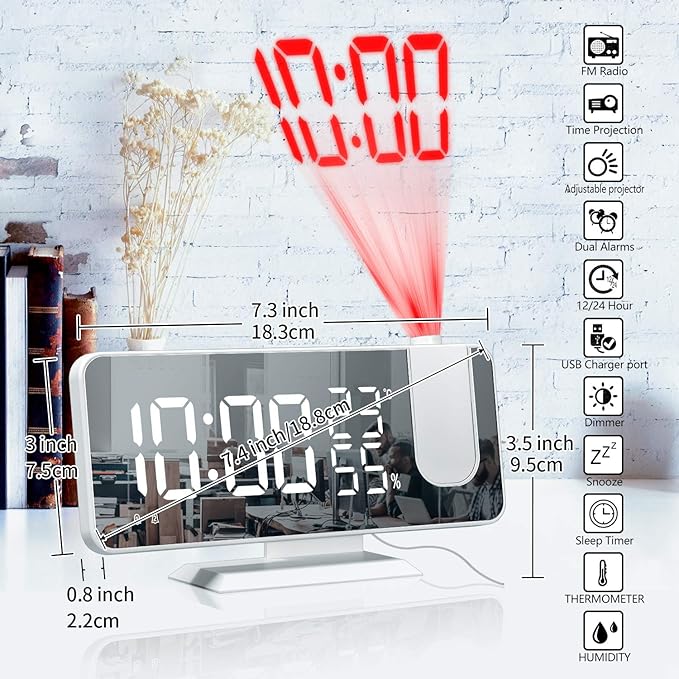 Projection Alarm Clock for Bedroom Ceiling Digital Clock Radio with USB Charger Ports 180° Rotatable Projector, 12/24H,Snooze,Dual Loud Alarm Clock (White)