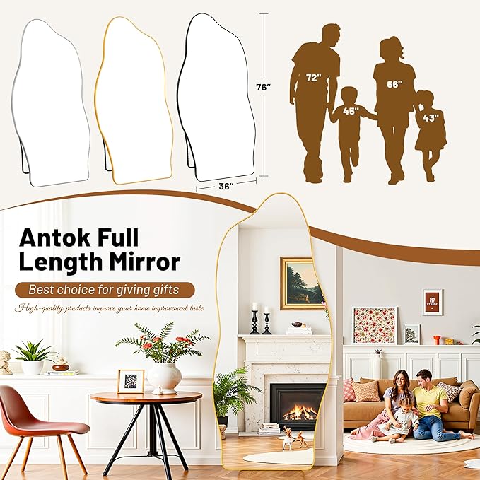 Antok Full Length Mirror, 76"x36" Floor Mirror with Stand, Standing Hanging Leaning Irregular Mirrors for Bedroom Living Room Entryway, Cloud Shaped, Golden