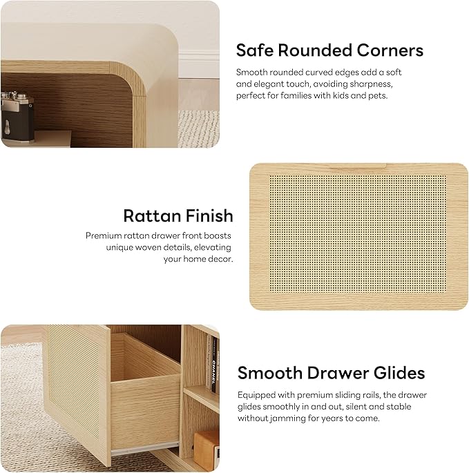 LIKIMIO 39.4" Rattan Coffee Table with Storage Drawers, Safety Curved Corners & 4-Tier Adjustable Shelves, Sturdy Base, Wood Center Table for Living Room, Natural