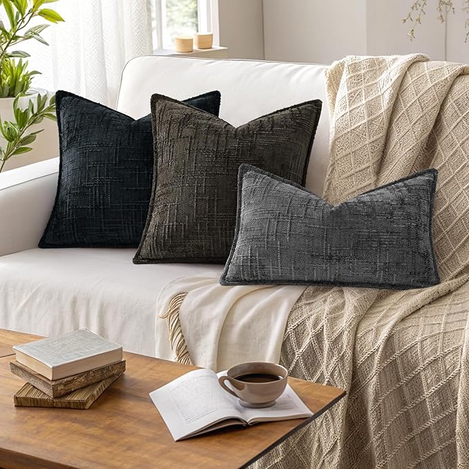 decorUhome Chenille Throw Pillow Covers 26x26 Set of 2, Thick Textured Slubby Neutral Decorative Pillow Covers with Elegant Design for Couch, Sofa, Living Room, Black