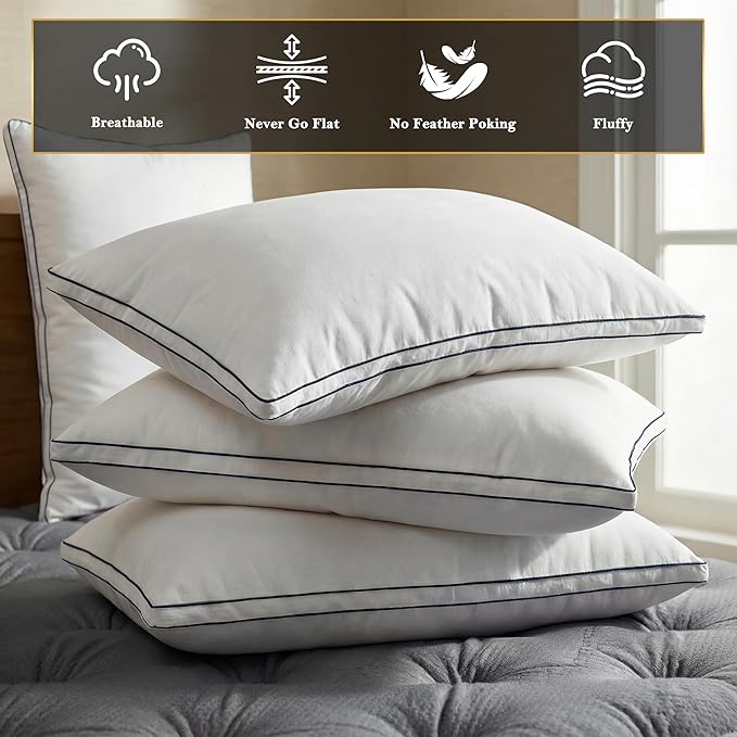 Feather Pillows Standard Size Set of 2 Goose Down Pillows with 100% Breathable Cotton Cover, Hotel Collection Bed Pillows for Sleeping, Soft Support for Back, Stomach and Side Sleepers