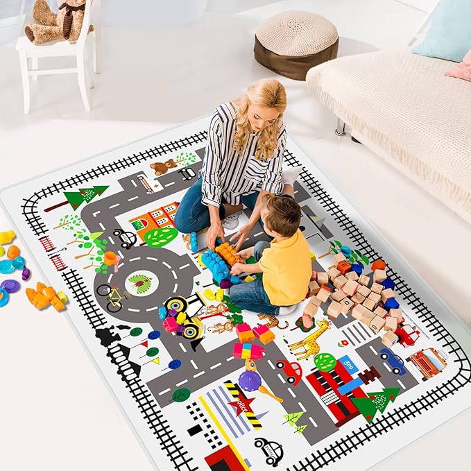 Kids Car Playmat, Kids Rug for Playroom Car Mat Town City Road Traffic Rugs, Play Mat for Floor, Extra Large Boys Kid Car Track Play Rug (Style Five, 59X 39.4 INCH)