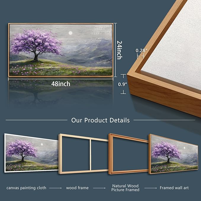 FUHAIHUA Large Wood Framed Wall Decor For Living Room Canvas Wall Art For Office Modern Wall Decorations For Bedroom Purple Tree Painting Farmhouse Pictures Artwork Room Home Decor 24x48 In