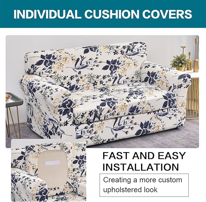 KRFOONN 3 Piece Stretch Sofa Couch Covers for 2 Cushion Couches Printed Sofa Loveseat Slipcover with 2 Separate Seat Cushion Covers Washable Sofa Slip Covers Furniture Protector (Loveseat, 27), Medium