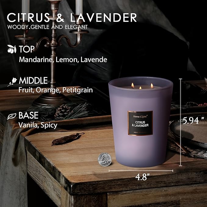 HomeLights Scented Candles - Large Jar Aromatherapy, Natural Soy Wax, 130 Hour Long Burning, Citrus & Lavender