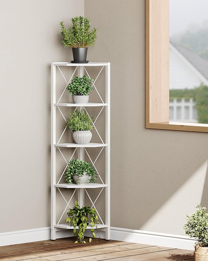 5-Tier Corner Shelf, Corner Bookcase, 55.2" Tall Vertical Display Rack, Plant Stand, Open Storage Shelf, for Living Room, Bedroom, Study, Kitchen, White TCJ12WB