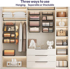 SWTYMIKI Hanging Closet Organizer Storage - 4 Tier Metal Stackable Hanging Closet Shelves with Dividers and S Hooks, Foldable Clothes Shelves for Clothes, Pants, Shoes, Coat, Hats Clutches Accessories