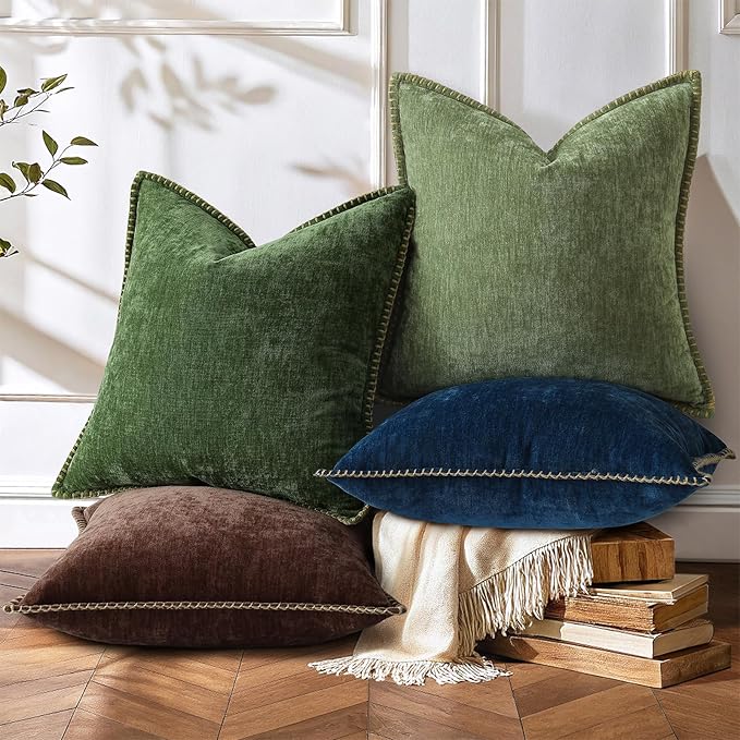 decorUhome Spring Chenille Soft Cozy Throw Pillow Covers 24x24 Set of 2, Modern Farmhouse Boho Velvet Decorative Euro Sham Pillow Cases with Stitched Edge for Couch Sofa Bed Home Decor, Chocolate