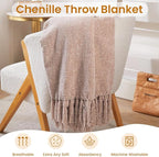 Light Taupe Chenille Throw Blanket for Couch Bed，Soft Cozy Throw Blanket with Handmade Fringe, Decorative Blanket for Sofa Chair Living Room for Gift